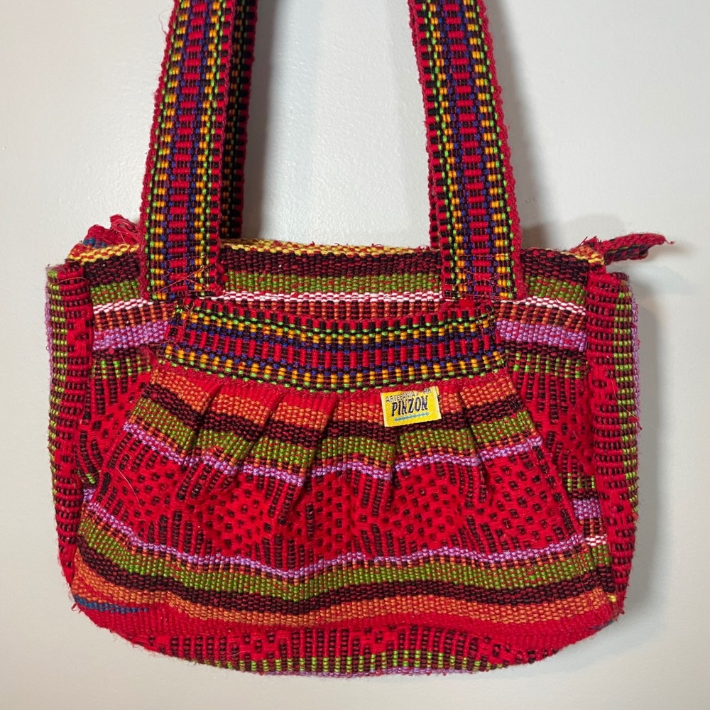 Artesania Pinzon Handwoven Multi Color Striped Boho Shoulder‎ Bag Red Zipper